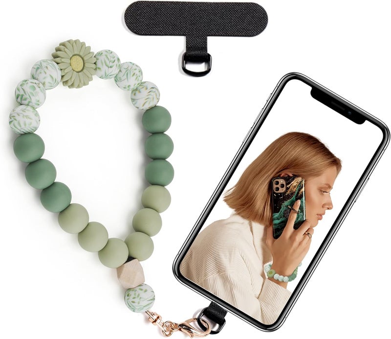 Lostars Store Silicone Beaded Phone Wrist Strap,Phone Bracelet Strap with Tether Tab,Elastic Hands-Free Wristlet Strap (Green Daisy) - Image 1
